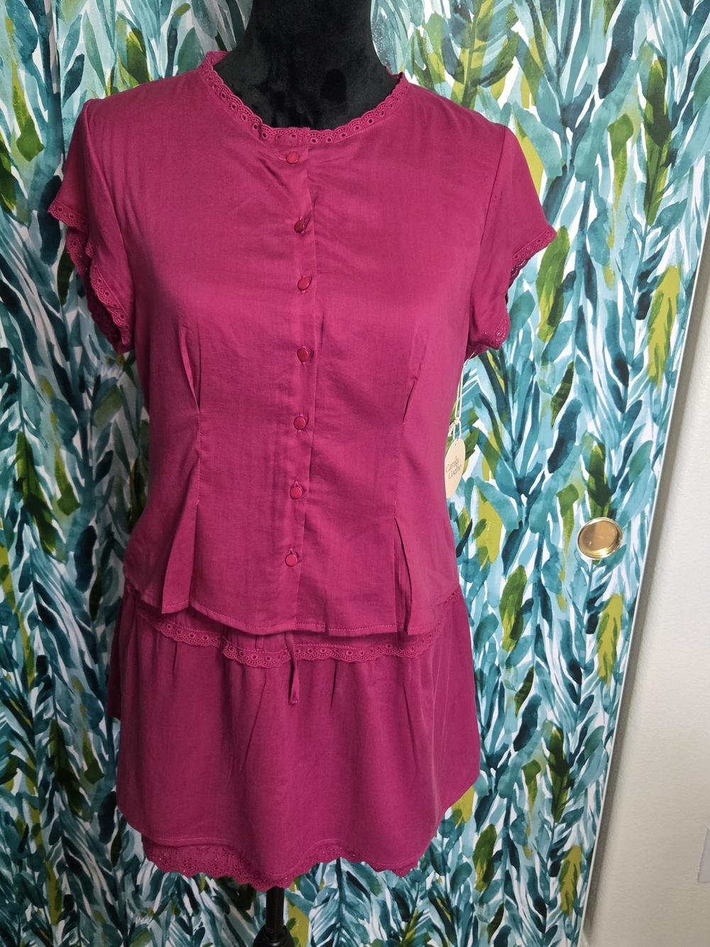 Camila Coelho Magenta Eyelet Lace Trim Two-Piece Skirt Set